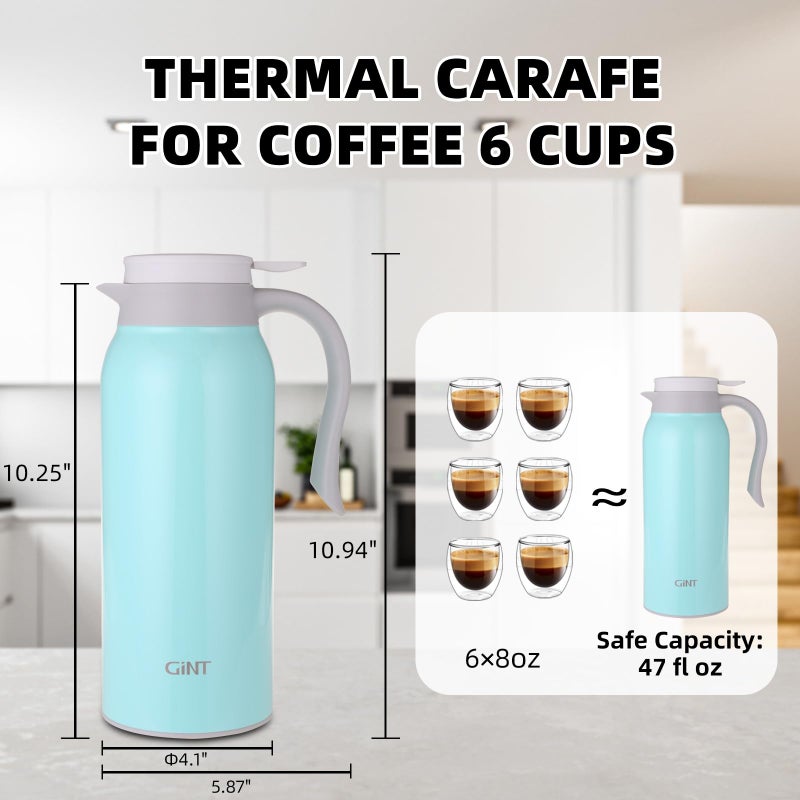 GiNT 51 Oz Stainless Steel Thermal Coffee Carafe, Double Walled Vacuum Insulated Flask, 12 Hour Heat Retention, 1.5 Liter Tea, Water, and Coffee Dispenser (Upgraded version Blue) - Image 3